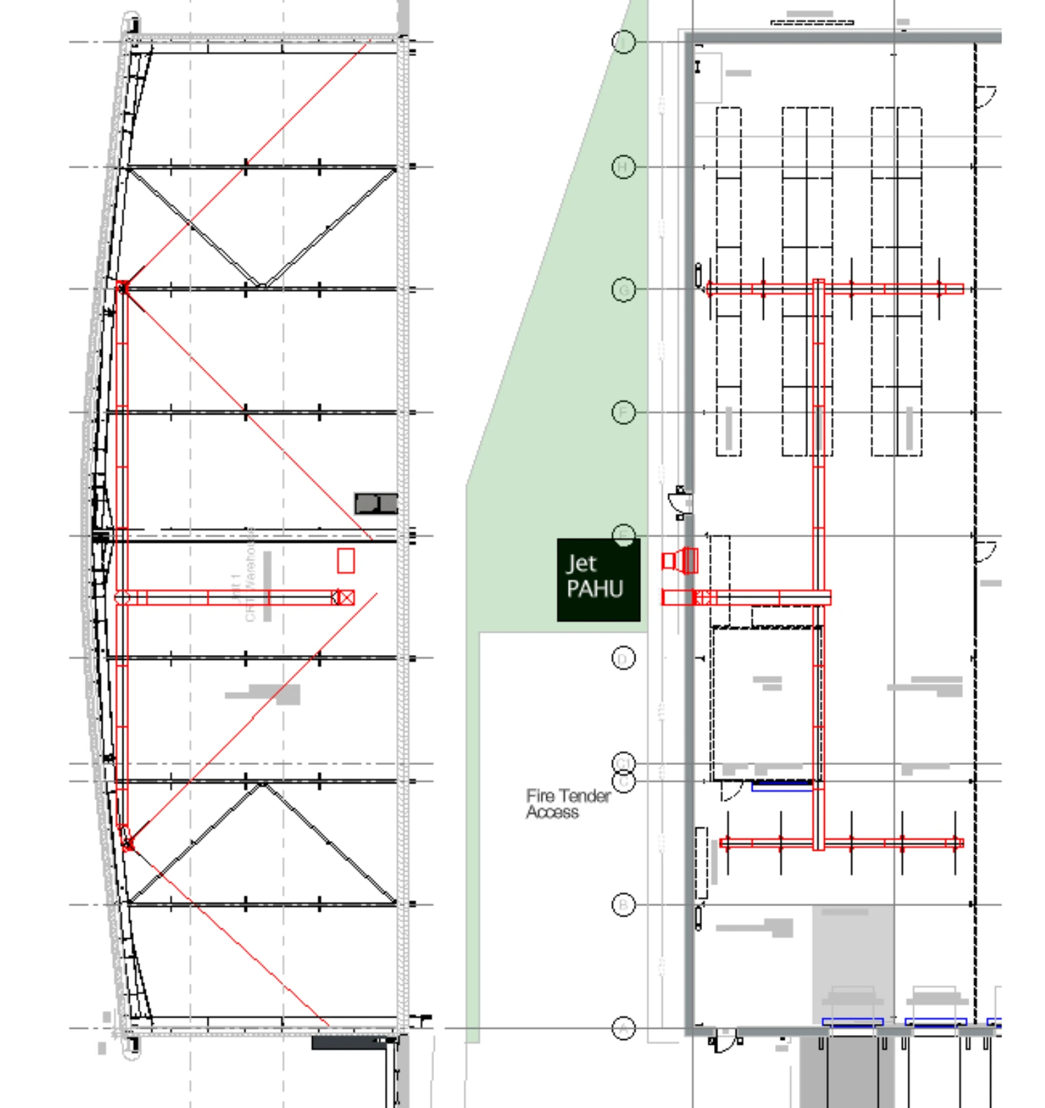 Plan drawing of the high-level ductwork layout, with the Jet packaged AHU outside the building and nozzle branches across the warehouse
