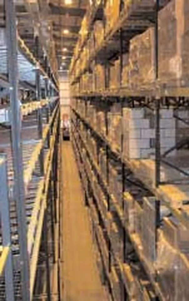 High-bay racking aisle inside the Healthcare Logistics warehouse