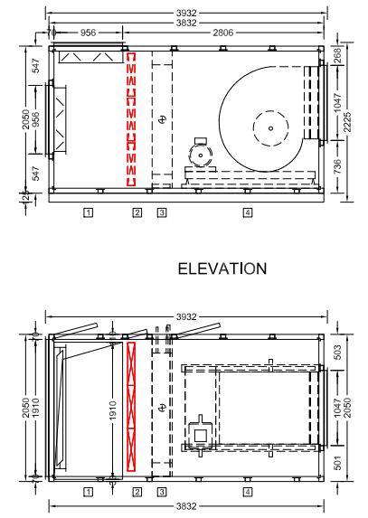 Dimensioned elevation and plan drawing of an air handling unit, 3932mm long