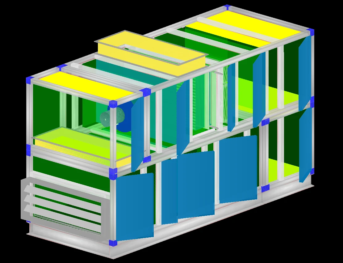 3D model of a double-deck air handling unit in Jet's design software, with its access doors open