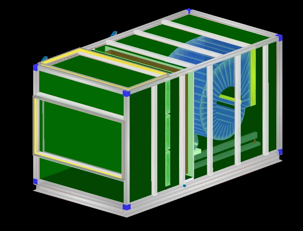 3D model of an air handling unit in Jet's design software, showing the fan section through the casing
